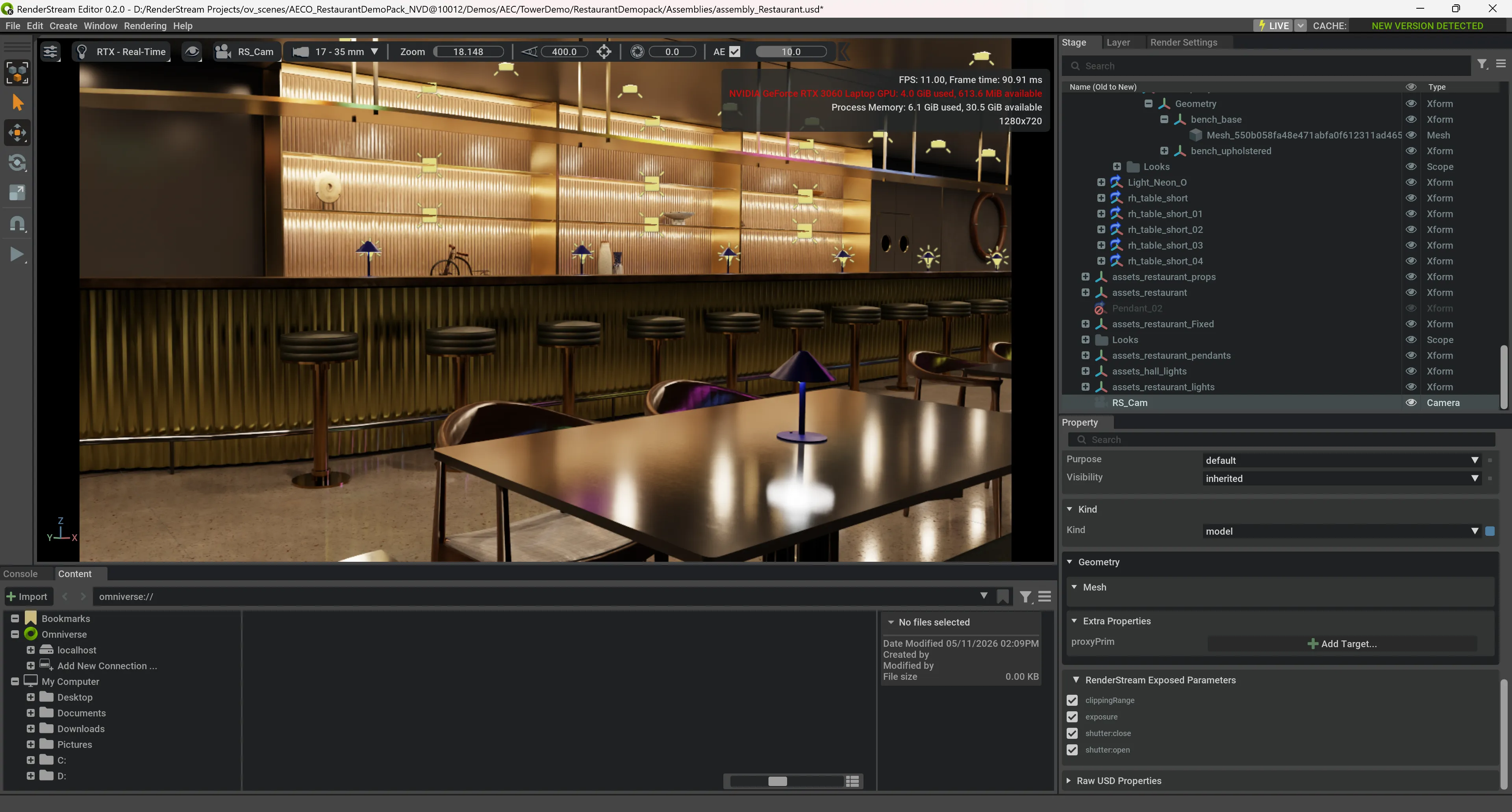 Restaurant assembly scene in edit_usd.exe