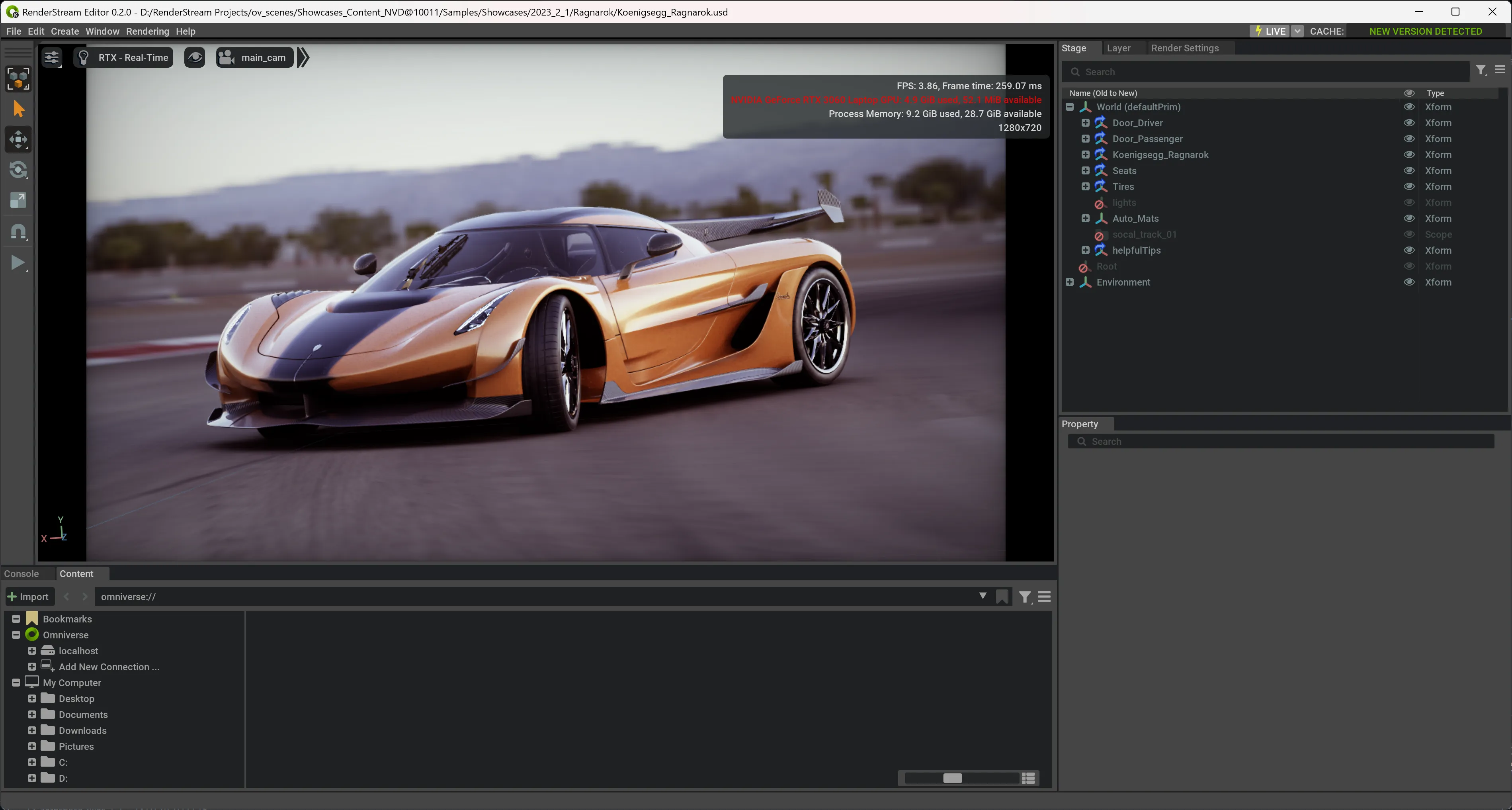 Koenigsegg Ragnarok scene open in edit_usd.exe