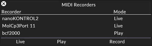 List of MIDI devices ready for recording, with current mode shown on the right