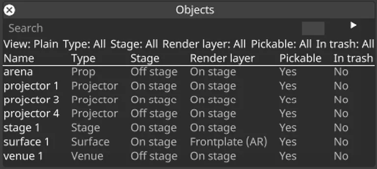 Search box empty, showing the full object list