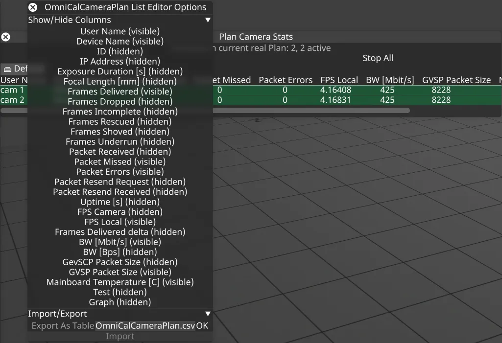 Plan Camera Stats columns
