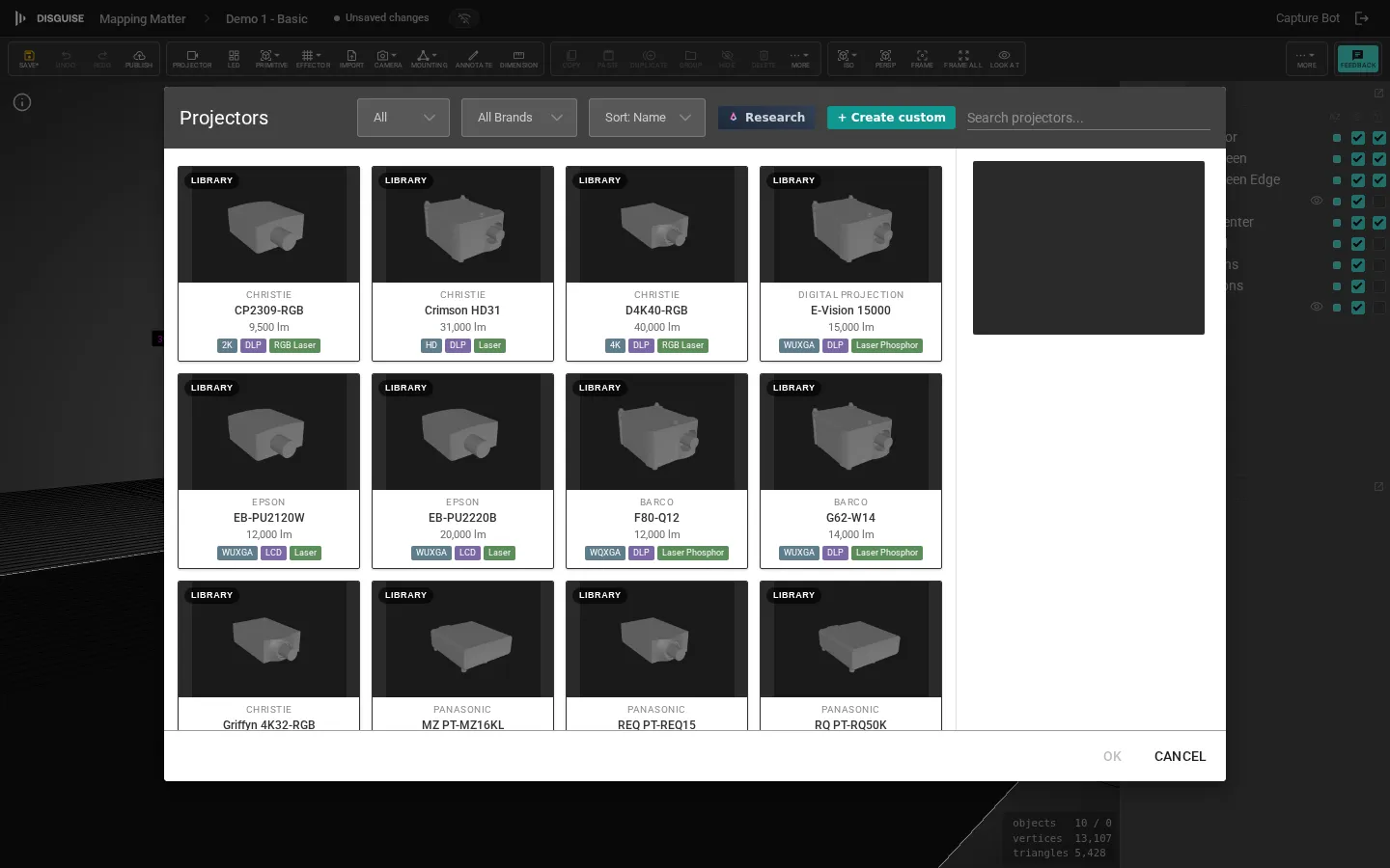Projector library overlay with the Research button in the toolbar