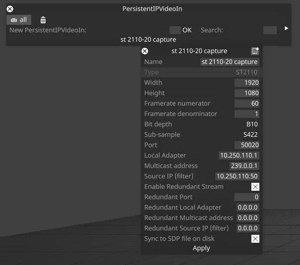 The persistent IP video editor with ST 2110 options displayed